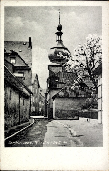 Ak Saalfeld an der Saale Thüringen, Winkel am Stadt-Tor, alte Gebäude, Baum, Schwarz-Weiß-Fotogra