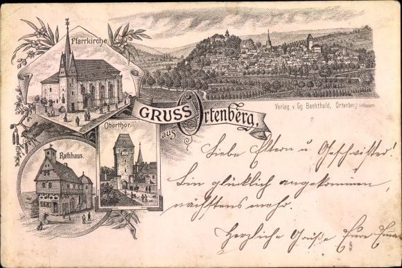 Chromo-Litho Ortenberg in Hesse, parish church, town hall, upper gate