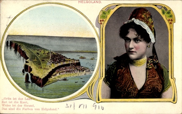 Postcard North Sea island Heligoland, panorama, woman in traditional costume