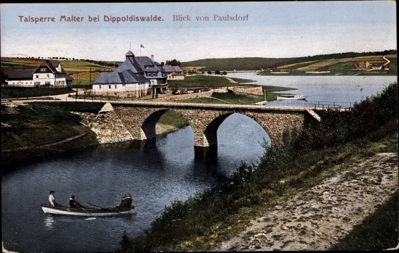 Postcard Dippoldiswalde Sachsen, Malter dam, view from Paulsdorf, rowing party, bridge