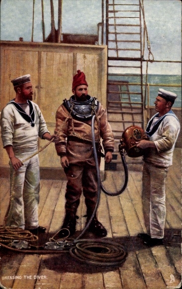 Artist Postcard dressing the diver, naval tucks, divers with sailors on deck