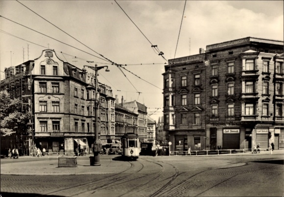 Postcard Halle an der Saale, Rannischer Platz in tram, building, black and white photo