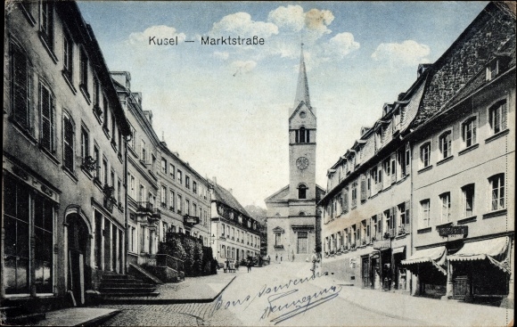 Postcard Kusel am Kuselbach Rhineland Palatinate, view of the market street, church