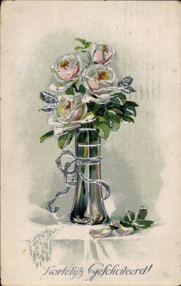 Embossed PC Congratulations, roses in vase