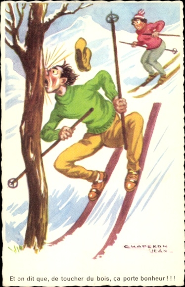 Artist Postcard Chaperon, J., skier hit a tree, skiing