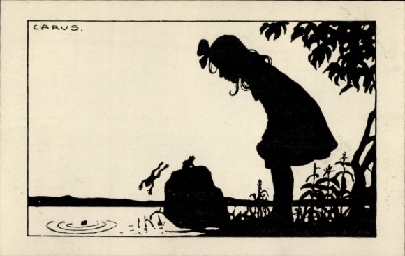 Paper cutting Postcard Carus, girl watching frogs
