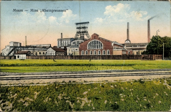 Postcard Moers on the Lower Rhine, Rheinpreußen mine, railway tracks, chimneys