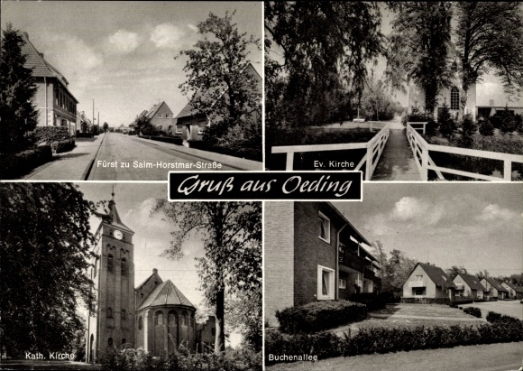 Ak Oeding in Westfalen Südlohn, Fürst zu Salm Horstmar Straße, Evang Kirche, Kath Kirche Buchenallee