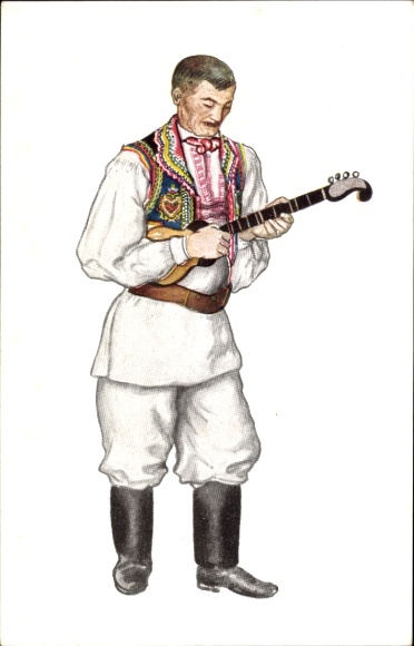 Postcard Croatian costume, man playing musical instrument, surroundings of Zagreb