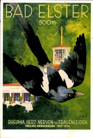 Künstler Ak Wiertz, Jupp, Bad Elster, Marien Quelle m. Turm, Erneuerung 1927-1934, Elster Sinkflug
