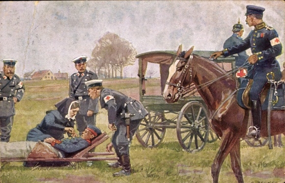 Kunstenaarskaart Becker, Carl, Rode Kruis, hospik, gewonde soldaat op een brancard