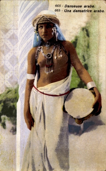 Postcard Morocco, Moroccan, belly dancer, tambourine, bare-breasted