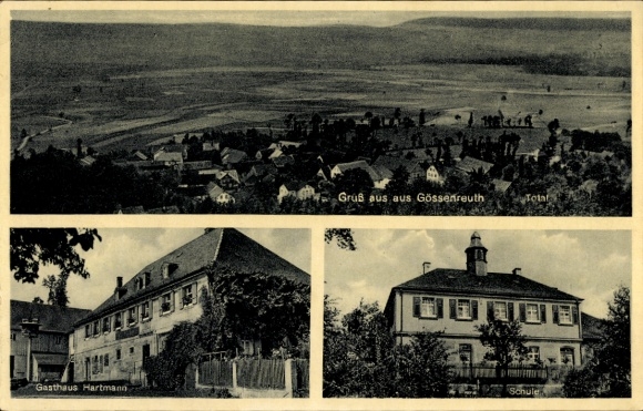 Ak Gössenreuth Himmelkron in Opper-Franken, algemeen uitzicht, school, herberg