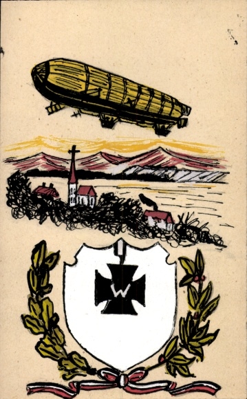 PC Zeppelin airship over city, Iron Cross