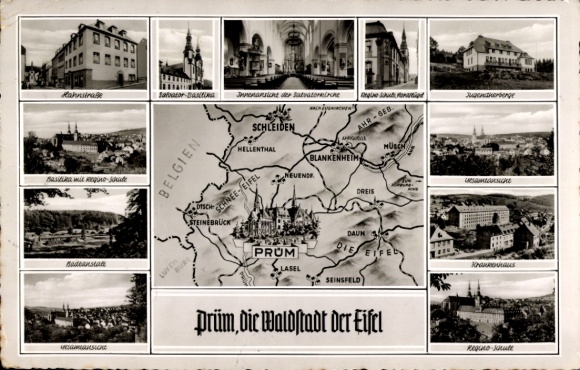 Maps Postcard Prüm in the Eifel, Hahnstrasse, Salvator Basilica, school