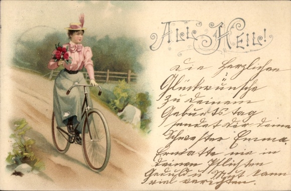 Litho All Heil, Frau auf einem Fahrrad