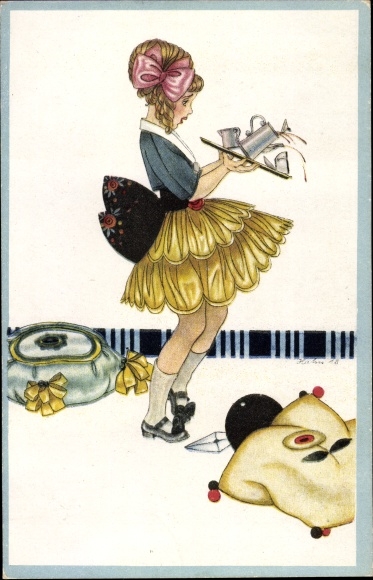 Artist Postcard Girl with a coffee tray stumbles