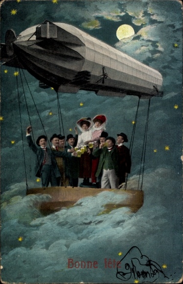 Moonlight Postcard Congratulations, People, Zeppelin, Airship