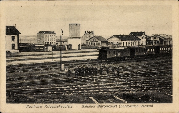 Ak Baroncourt Lothringen Meuse, Bahnhof, Westlicher Kriegsschauplatz, Nordöstlich Verdun, I. WK,Gare