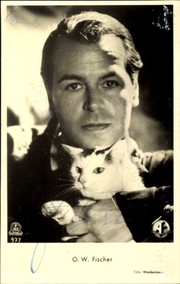Autograph card and letter actor OW Fischer, portrait with house cat