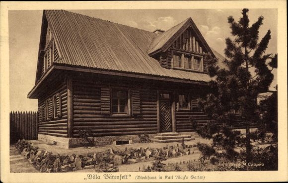 Ak Radeberg in Sachsen, Villa Bärenfett, Blockhaus, Karl-May-Garten