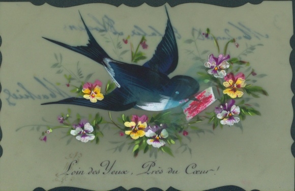 Celluloid Postcard Kitsch, swallow with letter in its beak