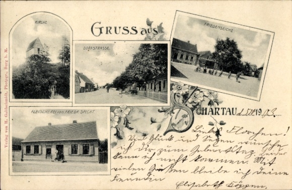 Postcard Schartau Castle near Magdeburg, church, village street, peace oak, butcher shop