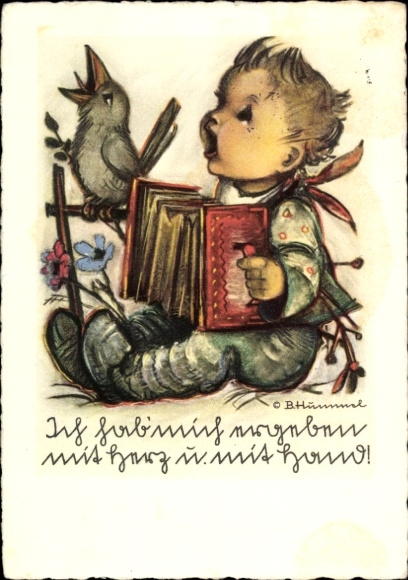 Artist Postcard Hummel, Berta, boy with accordion, bird