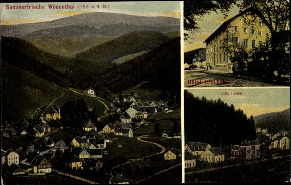 PC Wildenthal Eibenstock in the Ore Mountains, Drechslers Gasthof am Auersberg, panorama of the place