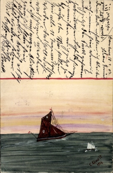 Kunstenaar Ak Quett, C., Rode zeilboot, zee