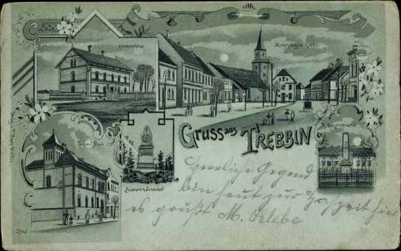 Maanlicht litho Trebbin in Brandenburg, ziekenhuis, postkantoor, Bismarck monument, marktplein