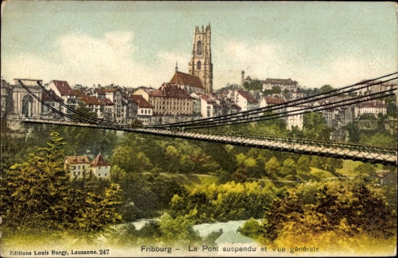 KP Fribourg Freiburg miasto Szwajcaria, widok na most Pont Suspension, widok na miasto, góry, piękny F