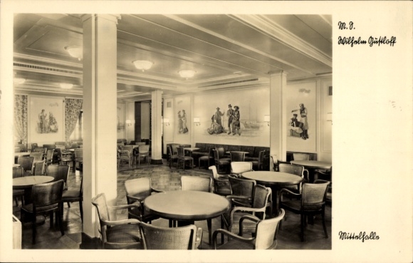 Postcard KdF ship MS Wilhelm Gustloff, interior view, central hall, traditional costume hall