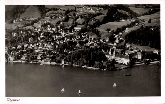 Postcard Tegernsee in Upper Bavaria, aerial view of idyllic landscape with water and boats