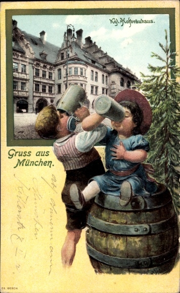 Embossed PC Munich Bavaria, Royal Hofbräuhaus, children drinking beer