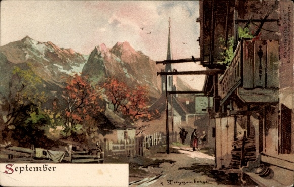 Artist Chromo-Litho Guggenberger, Thomas, Allegory, September, Village, Mountains