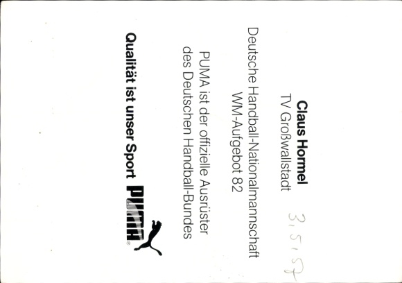 Autograph card of German handball player Claus Hormel, TV Großwallstadt, autograph