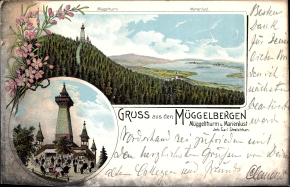 Chromo-Litho Berlin Köpenick, Müggelsee, Müggelberge, Müggelturm, Marienlust