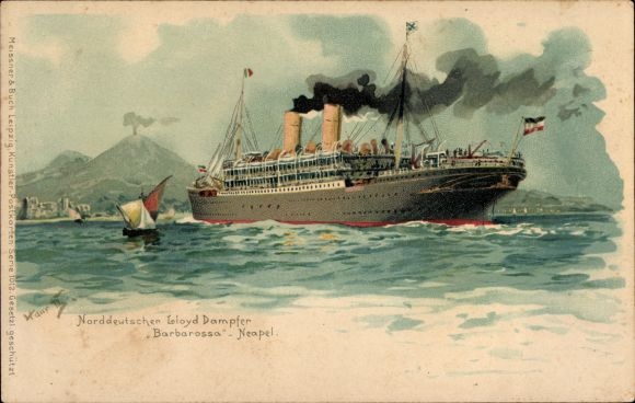 Künstler Ak Bohrdt, Hans, Dampfer Barbarossa, Norddeutscher Lloyd Bremen, vor Neapel, Vesuv