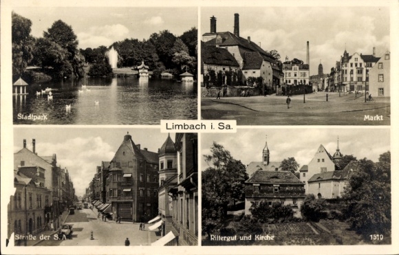 Ak Limbach Oberfrohna in Sachsen, Stadtpark, Markt, Straße der S. A, Riffergut und Kirche