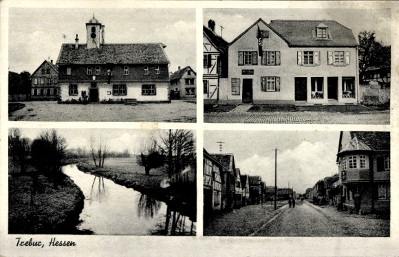 Postcard Trebur am Rhein Hesse, partial views, commercial building, street section