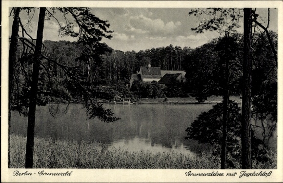 Ak Berlin Zehlendorf Wannsee, Grunewaldsee, Jagdschloss, Wasserlandschaft, Bäume