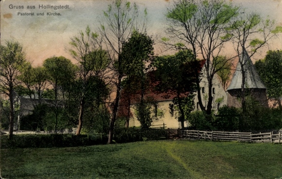 Postcard Hollingstedt an der Treene, pastorate and church