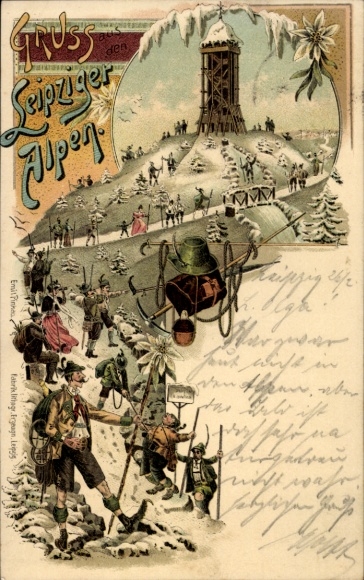 Winter Chromo-Litho Leipzig in Saxony, Greetings from the Leipzig Alps, Hikers, Lookout Tower