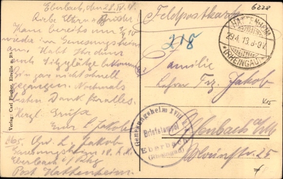 Postcard Eberbach am Neckar Odenwald Baden, military convalescent home, Eberbach I. Rhg., landscape, hills,