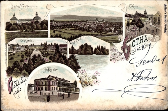 Chromo-Litho Gotha in Thuringia, Friedenstein Castle, orangery, court theater, town hall, ducal. park
