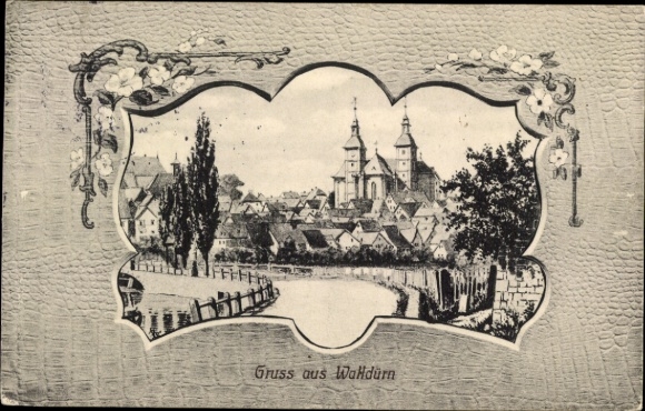 KP Walldürn w Odenwald Baden, widok na miasto z dwiema wieżami, rzeką, domami, styl nostalgiczny