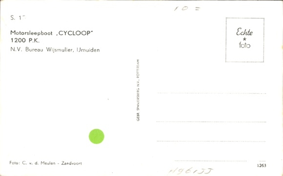 Postcard Cycloop, Dutch sea tug