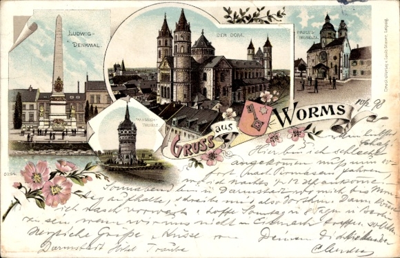 Chromo-Litho Worms in Rhineland Palatinate, Ludwig Monument, Cathedral, Water Tower, Paulus Museum, Coat of Arms