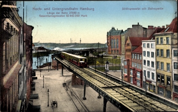 Postcard Hamburg Mitte Old Town, elevated and underground railway, Rödingsmarkt with harbor area
